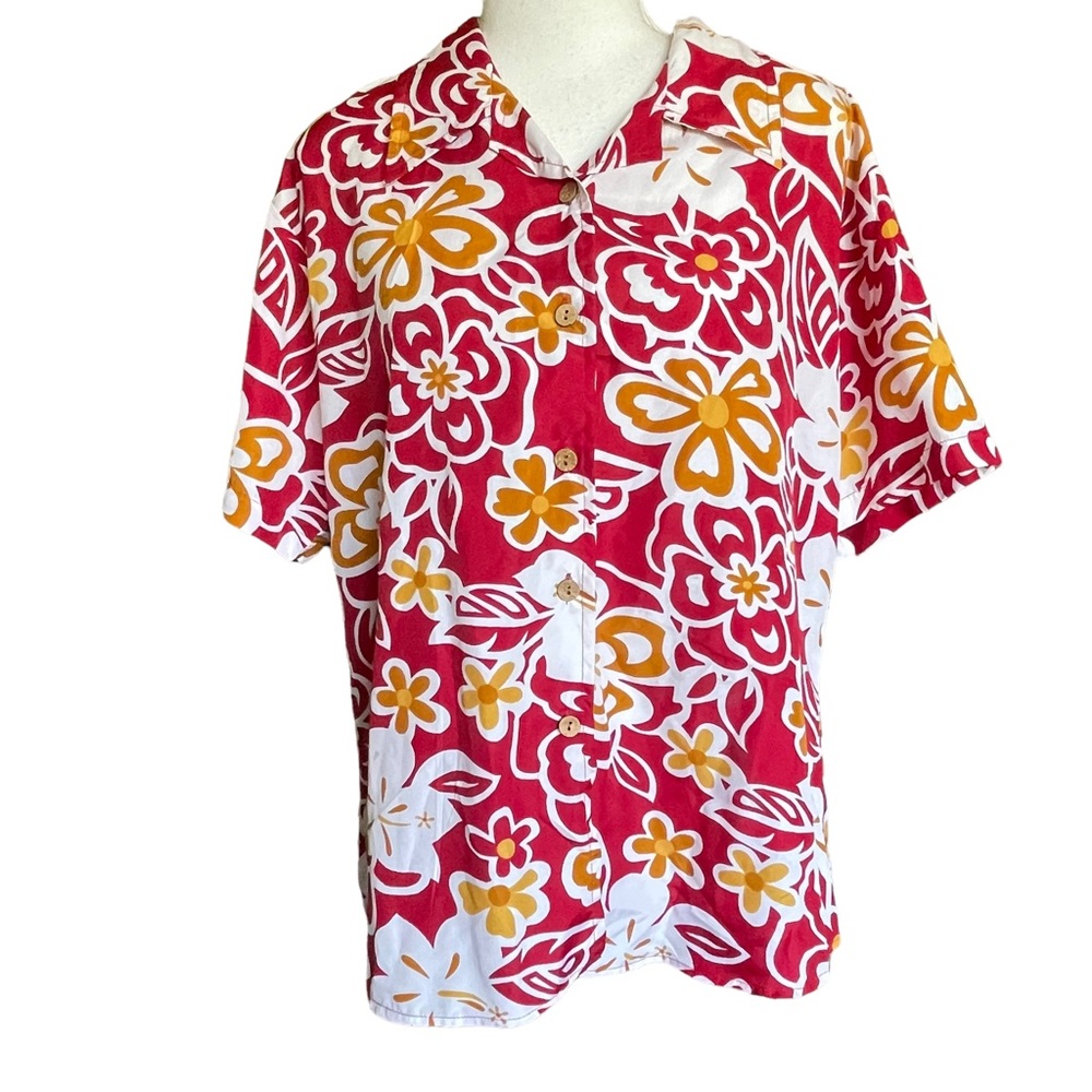 Stitch Hawaiian Vibrant Floral Satin Button Up Vacation Beach Tee Men's Sz Large